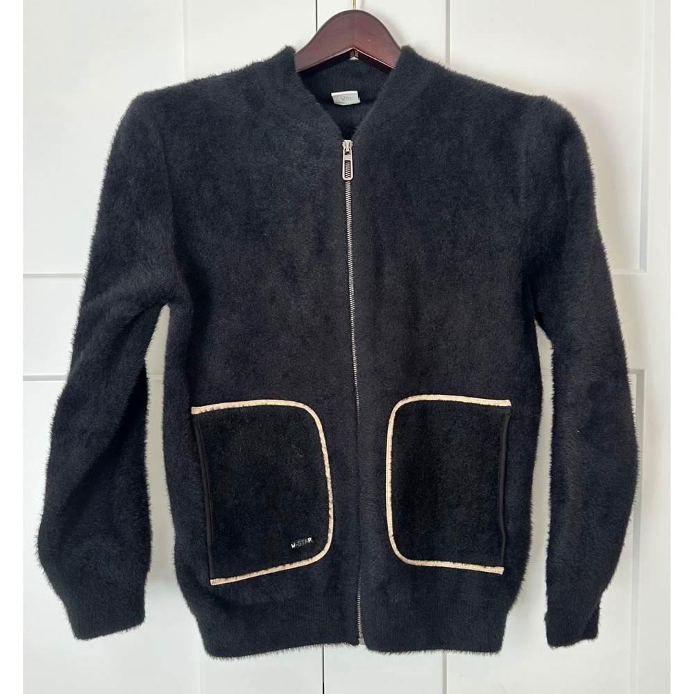 Exo Men Fuzzy Knit Zip Up Bomber Jacket Black M-Star Pockets Large